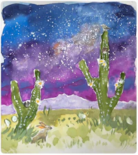 a watercolor painting of cactus and stars
