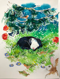 a watercolor painting of a guinea pig sleeping in the grass